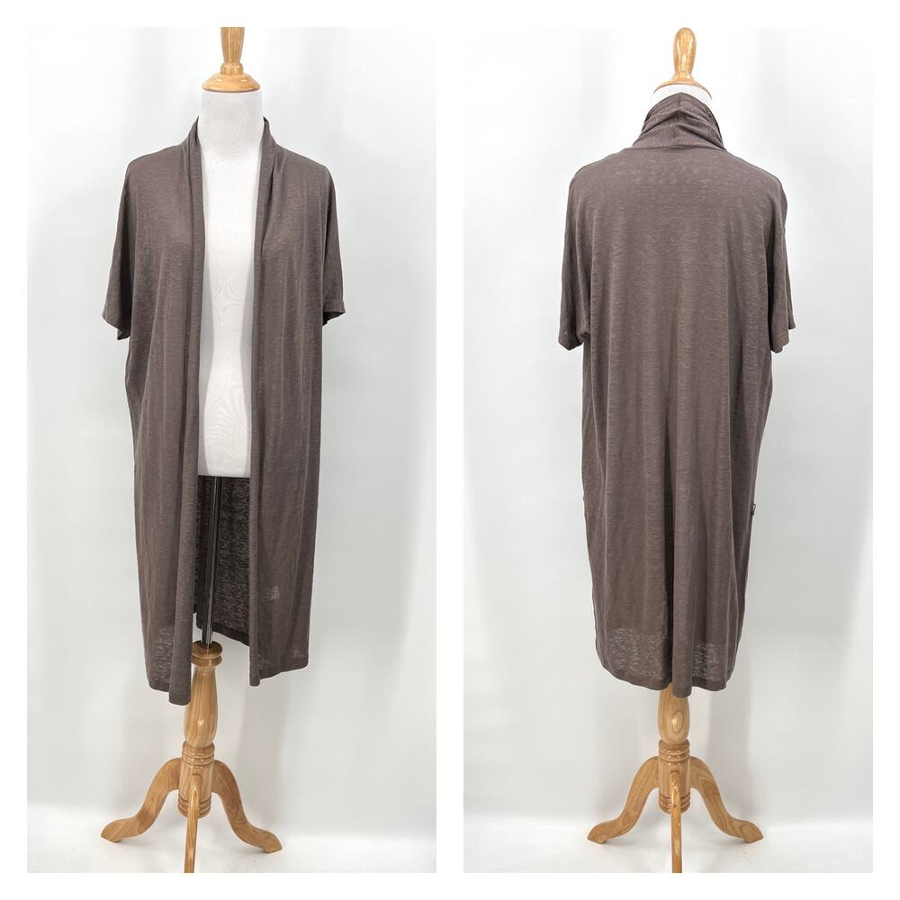 MALO Linen Duster Cardigan Womens 12 Taupe Brown Dolman Short Sleeve Open Front